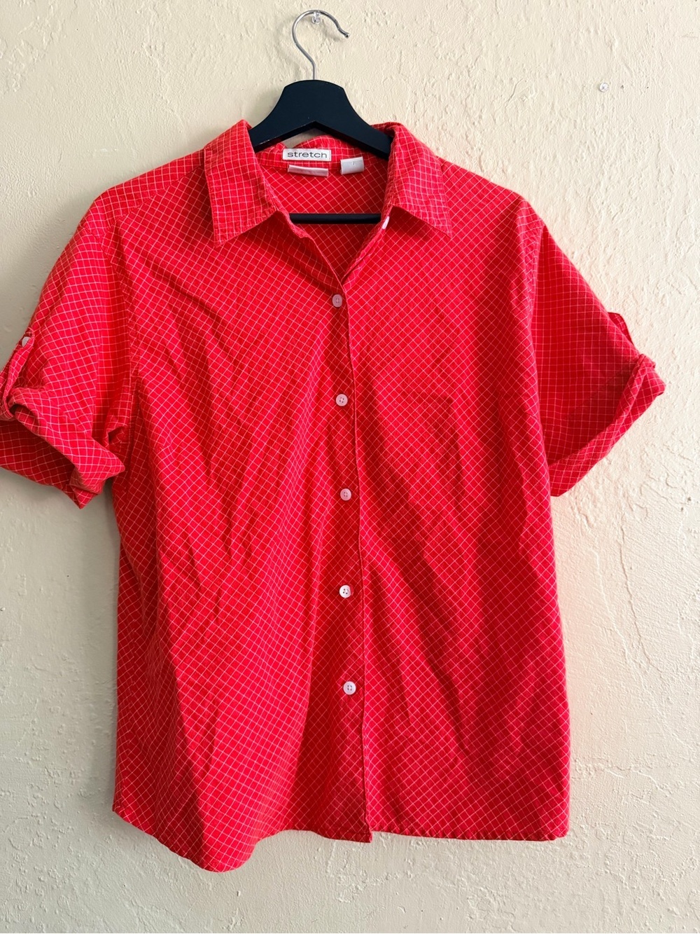 Red Short-Sleeve Button-Down Shirt with Micro-Check